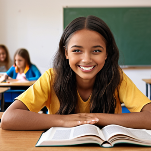 Home 11 ** "A smiling student in a classroom, studying nutrition books. Focus on education and academic achievement."
**