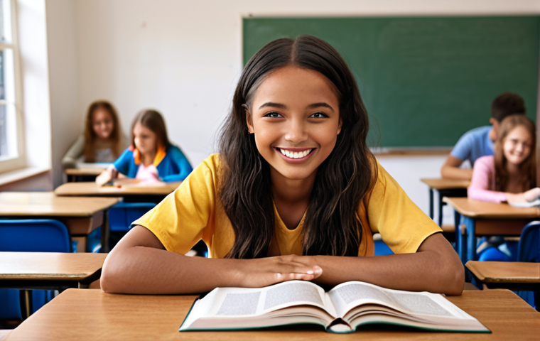 ** "A smiling student in a classroom, studying nutrition books. Focus on education and academic achievement."
**