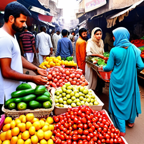 Home 6 **Prompt:** A vibrant family in a bustling Karachi market, selecting fresh fruits and vegetables. The scene emphasizes the importance of balanced nutrition in a healthy lifestyle. Use warm, inviting colors.