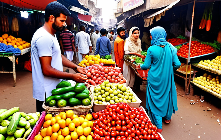 **Prompt:** A vibrant family in a bustling Karachi market, selecting fresh fruits and vegetables. The scene emphasizes the importance of balanced nutrition in a healthy lifestyle. Use warm, inviting colors.