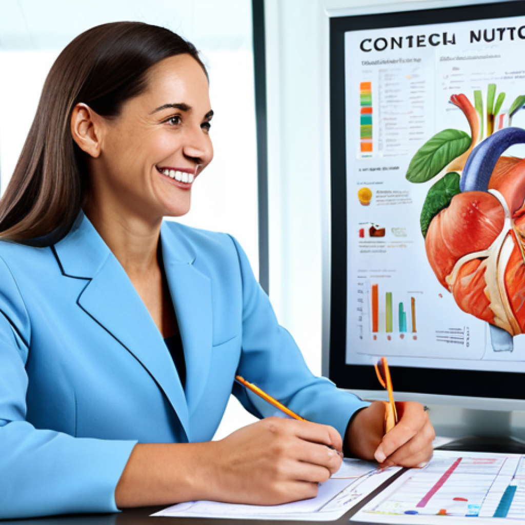 ** A professional female nutritionist in a modest, light blue business suit, smiling warmly while consulting with a fully clothed client at a bright, modern office. The office has healthy food posters and anatomical charts in the background. Perfect anatomy, correct proportions, well-formed hands, proper finger count, natural pose, appropriate attire, safe for work, professional, family-friendly.

**