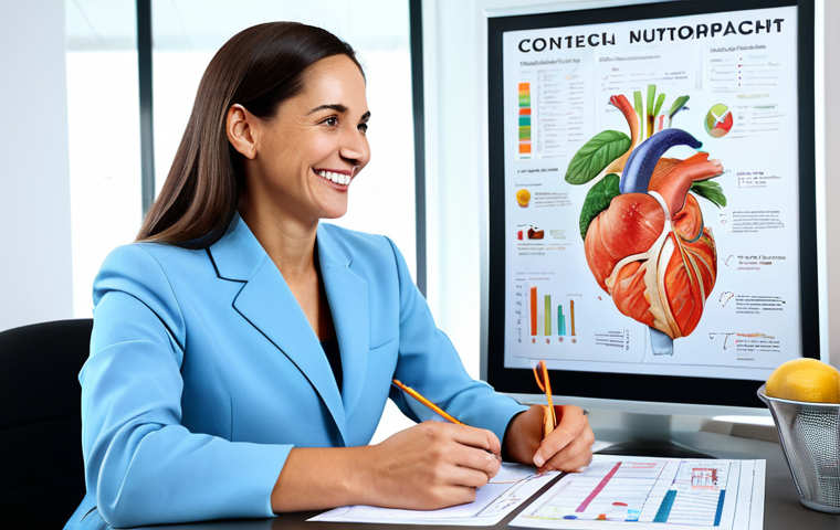 ** A professional female nutritionist in a modest, light blue business suit, smiling warmly while consulting with a fully clothed client at a bright, modern office. The office has healthy food posters and anatomical charts in the background. Perfect anatomy, correct proportions, well-formed hands, proper finger count, natural pose, appropriate attire, safe for work, professional, family-friendly.

**
