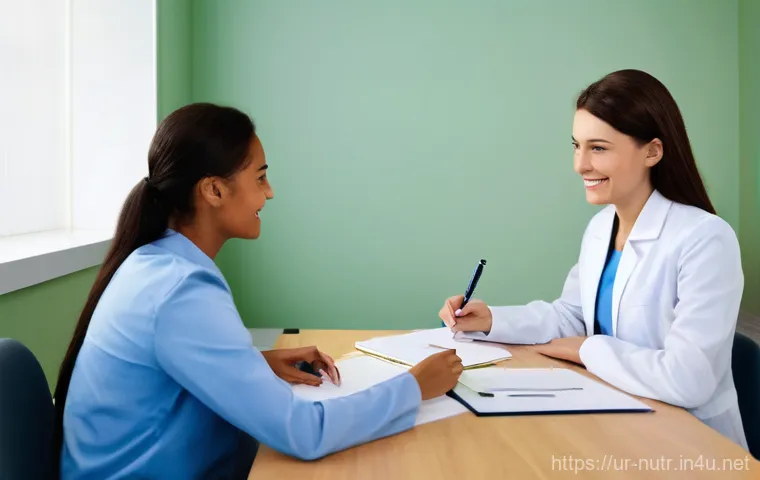 영양사 실기시험 채점 기준 - **Prompt 1: Professional Dietitian Consultation**
"A professional female dietitian, dressed in a...