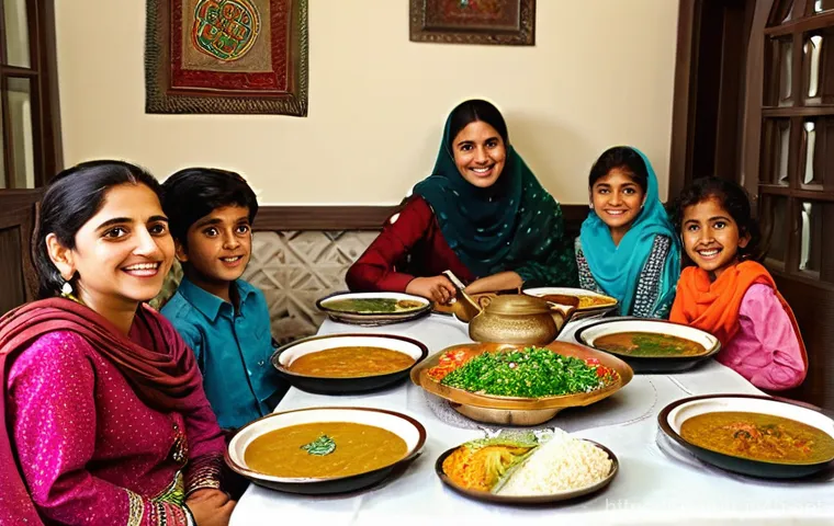 영양사 실무에서 자주 쓰는 이론 - **Prompt 1: A Balanced Family Meal in a Pakistani Home**
A happy, multi-generational Pakistani f...