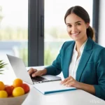 영양사 연봉 상승 요인 - A warm, inviting, and professional image of a female dietitian in her early 30s, with a friendly and...